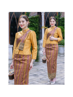 kudapy ชุดเซ็ทเสื้อผ้าไหมแพรทิพย์เกรดพรีเมี่ยมอัดกาวอย่างดี ผ้าถุงเย็บสำเร็จทอลายอัดกาว ตะขอซิปหลัง