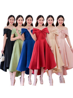 kudapy เดรสหน้าสั้นหลังยาวสีเขียว ทอง เทา ชม กรม แดง โรสโกล ขาว เปิดบ่าTwistอกใหญ่ ปิดพรางซ้อนแขน แบบอลังๆ แต่ไม่เวอร์วัง กระโปรงทรงหน้าสั้นหลังยาว