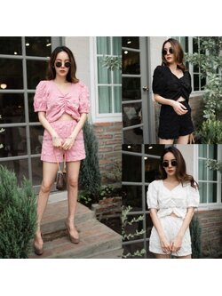 kudapyเซตสั้นชมพู/ดำ/ขาว มาเป็นเซต พร้อมเสริฟ์ความชิค งานผ้ากุ้น ใส่สบายมาก เซตเดียวจบ