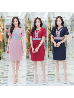 kudapy เดรสสั้นทูโทนสีชมพู/สีกรม/สีแดง คอวีทูโทนแต่งกระดุม