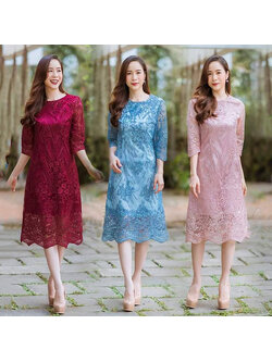 kudapy ชุดเดรสไปงาน แขนยาวสามส่วนสีแดง/สีชมพู/สีฟ้า เดรสปักเลื่อมกากเพชร งานซับใน ซิบหลัง