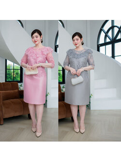 kudapy เดรสผ้าไหมลูกไม้แต่งเลื่อม งานดีไซน์แต่งระบายช่วงอกรอบตัว แขนศอก ความยาวกำลังดี งานปักลายลูกไม้ลายชัด