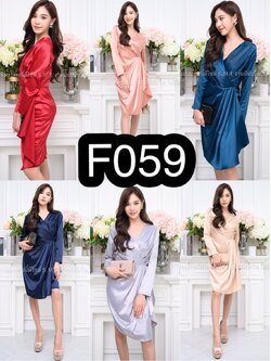 kudapy เดรสสั้นคอวีป้าย สีแดง, เขียว ,เทาเงิน เดรสสั้น แขนยาว ระบาย กปสั้น ผ้าซาติน