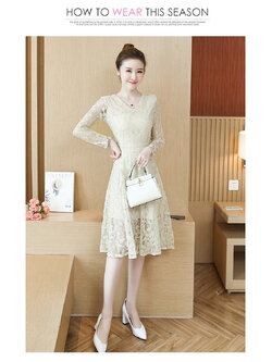 kudapy เดรสสั้นสีครีม ผ้าลูกไม้ซีทรู คอวี แขนยาว กระโปรงทรงเอ สวยหวาน