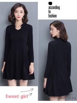 kudapy ชุดเดรสทำงานสีดำ คอวี แขนยาว กระโปรงทรงบาน สวยหวาน สวมใส่สบาย