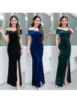 kudapy เดรสยาวสีดำ/สีน้ำเงิน/สีเขียว ผ้ากำมะหยี่ไขว้อก ทรงเปิดบ่า กระโปรงหางปลาผ่าหน้า ทรงนี้เรียบหรู