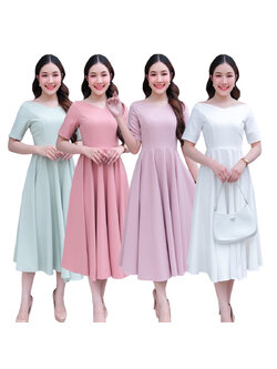 kudapy เดรสสั้นสีขาว/สีชมพูอ่อน/สีชมพูเข้ม/สีเขียวมิ้นท์ แขนสั้น คอปาด กระโปรงบาน สวยใส่สบาย