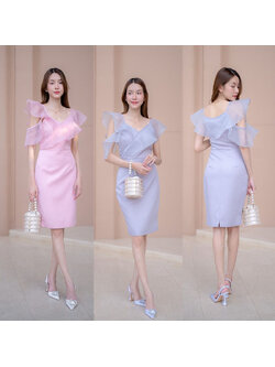 kudapy เดรสสั้ีนสีชมพู/สีเทา เปิดไหล่ระบาย เดรสใส่ออกงาน ใส่ทำงาน เบาสบาย สวยดูดีมาก