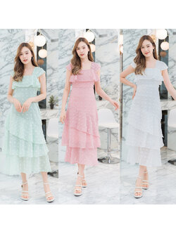 kudapy เดรสยาวสีชมพู/สีขาว/สีเขียว ชีฟองจุดอกระบาย
