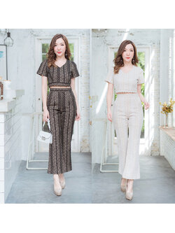 kudapy เซทขายาวสีดำ/สีขาว/สีชมพู คอวีลูกไม้ซับน้ำตาล สวยเซ็กซี่ดูดี