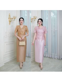 kudapy เดรสผ้าไหม ลูกไม้ปักแต่งเลื่อมทั้งชุดคอวี แต่งซิปหลัง มีซับใน กระโปรงผ่าหลัง