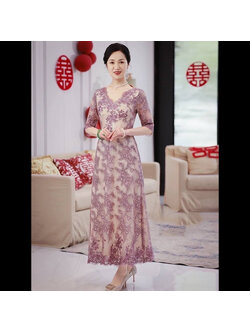 kudapy เดรสยาวปักเลื่อมใส่ออกงานผ้าลูกไม้เนื้อดีสีชมพูกะปิ งานตัดพรีเมี่ยม มีซับใน ซิบหลัง