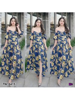 kudapy เดรสยาวเปิดไหล่ ลายดอกไม้ ผ่าด้านหน้า แขนพองๆ งานผ้าซาร่า