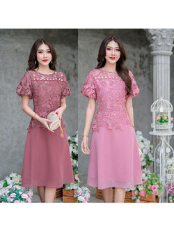 kudapy เดรสสั้นสีน้ำตาลแดง/สีชมพูกลีบบัว ลูกไม้ผ้าสวย ตัวนี้ดีไซน์เก๋คะ เป็นเดรสชีฟองคลุมเสื้อลูกไม้ ทรงแขนสั้นแต่ปลายแขนเย็บจั้มด้านใน