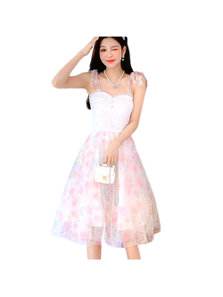 kudapy เดรสสั้นสายเดี่ยวผูกโบว์สีขาวพิมพ์ลายชมพู เกาะอกผ้ายืดตามตัว เดรสทรงระบายบาน มีซับในนะคะ
