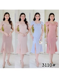 kudapy เดรสสั้นสีชมพูอ่อน/ชมพูเข้ม/ครีมนู๊ด/ ฟ้าเบบี้บลู แขนตุ๊กตา ทรงสุภาพ แต่งโบว์อก ใส่แล้วผอม กระโปรงหางปลา ผ่าหน้า