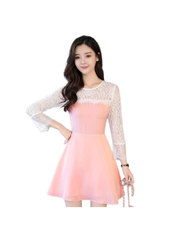 kudapy เดรสสีชมพูสีหวานๆๆ ทรงเข้ารูป ตัดต่อช่วงอกและแขนด้วยผ้าลูกไม้ ซีทรูด้านหน้าและด้านหลังเล็กน้อย