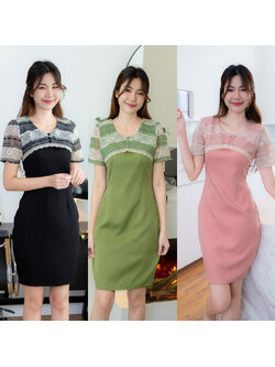 kudapy เดรสสั้นสีชมพู/สีดำ/สีเขียว เดรสไหล่ลูกไม้ ผ้าใส่สบาย สวยดูดี