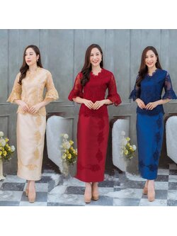 kudapy ชุดเซตไปงาน สีแดง/สีครีมทอง/สึน้ำเงินกรมท่า เซตเสื้อลูกไม้คอวีแขนกระดิ่ง+กระโปรงผ้าไหมอิตาลีทรงเอ ลูกไม้ปักเลื่อม