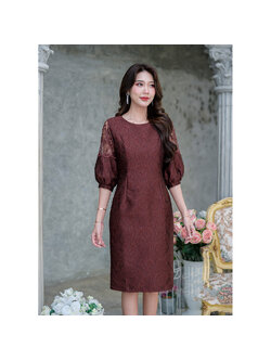 kudapy เดรสสั้นสีน้ำตาล บอลลูนทรงสวยสุดฮอต ป็นผ้าลายไทย เนื้อผ้า jacquard ลายนูน ช่วงแขนตัดเย็บทรงบอลลูนจั้มปลายแขน ความพองของช่วงแขนสวยกำลังดี
