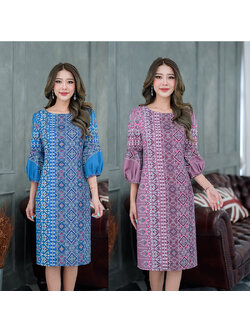 kudapy เดรสสั้นสีน้ำเงิน/สีม่วงกะปิ พิมพ์ลายไทย งานเนื้อผ้านิ่มใส่สบายค่ะ ใส่ทดแทนผ้าไทยเนื้อจะเบาไม่อึดอัด