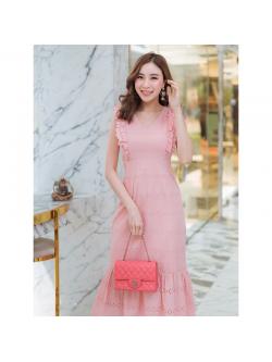 kudapy เดรสสั้นสีชมพู ผ้าฉลุอกระบายใส่งานปาร์ตี้สวยดูดี XL 2XL