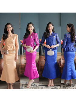 kudapy ชุด set สีทอง/สีม่วงบานเย็น/สีน้ำเงิน เสื้อลูกไม้ใยบวบ + กระหางปลางานผ้าซาติน