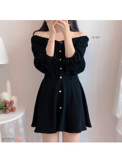 kudapy เดรสสั้นสีน้ำตาล/สีดำ/สีส้มอิฐ กระโปรงทรงบานสวิงสวย ด้านหน้าผ่าติดกระดุมยาวตลอดแนว แขนยาว