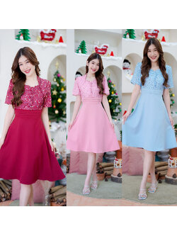 kudapy เดรสสั้นสีฟ้า/สีชมพู/สีแดง ลายดอกแต่งเอว สวยดูดี ทรงเอใส่สบาย