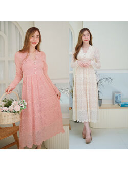 kudapy เดรสยาวสีชมพุ/สีครีม ลูกไม้แขนยาวสวยใส่สบายดูดี