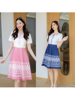 kudapy เดรสสั้นสีชมพู/สีกรม คอเหลี่ยมกระโปรงลายไทย