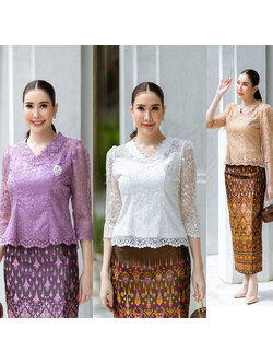 kudapy เสื้อใช้ผ้าลูกไม้สีน้ำตาลทอง/สีขาว/สีม่วง เนื้อดีทอลายแน่นทั้งตัว พร้อมซับในเนื้อดีในตัว มีซิปหลังสวมใส่ง่าย (เฉพาะเสื่อ)