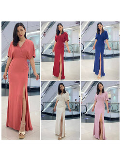 kudapy เดรสยาวสีครีม/ชมพูนุ๊ด/ชมพูพีช/แดงเข้ม/กรม แขนสามส่วน อกไขว้ ช่วงบนเย็บกระทุ้งข้างเอว เข้ารูปแต่ไม่รัดทรง กระโปรงหางปลา