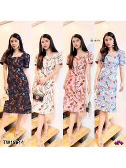 kudapy แม็กซี่เดรสคอกลมสีกรม /สีครีม /สีชมพู /สีฟ้า พิมพ์ลายดอก ผ่าหลัง