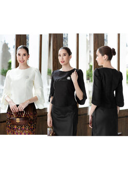 kudapy เสื้อผ้าไหมประยุกต์สีขาว/สีดำ อัดกาวทั้งตัว ทรงสวย อยู่ทรง มีซิปหลังสวมใส่ง่าย แขนต่างสองชั้นสวย ใส่ออกงาน (เฉพาะเสื้อ)