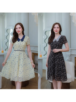 kudapy เดรสสั้นสีเหลือง/สีดำ ผ้าชีฟองคอปก คอปกมีดีเทลสองชั้นช่วงปลายปกและแต่งอะไหล่หัวใจ แต่งระบาย ช่วงไหล่ และแต่งกระดุม