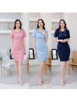 kudapy เดรสสั้นสีกรม/สีฟ้า/สีชมพู งานผ้าปักลาย สีชัด งานผ้าสีเรียบ น่ารัก