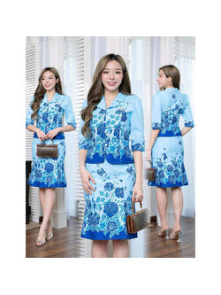 kudapy เซ็ทเสื้อกระโปรงสีฟ้า กุหลาบฝรั่งเศส ผ้าปาเต๊ะคอตตอนแท้เนื้อพรีเมี่ยม