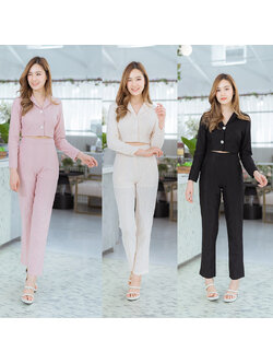 kudapy เซทสีชมพู/สีดำ/สีขาว สูทครอป+กางเกงขายาวลูกไม้