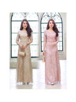 kudapy เดรสออกงานราตรียาวสุดอลังการ ผ้าเป็นผ้าปักเส้นด้ายกริ้ตเตอร์ ผสมเลื่อมกากเพชร