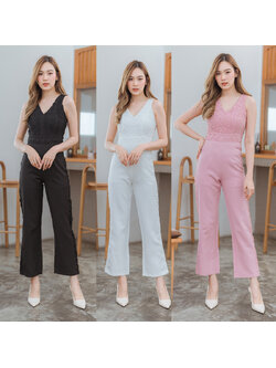 kudapy จั้มสูทขายาวสีชมพู/สีขาว/สีดำ ลายลูกไม้แขนกุด