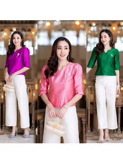 kudapy เสื้อผ้าไหม เขียวมรต บานเย็น ชมพูกลีบบัว แขน 4 ส่วนแต่งกระดุมด้านข้าง เอวปล่อย ชุดไทยประยุกต์