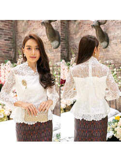 kudapy ชุดเซทเสื้อลูกไม้ใยบวบผสมเลื่อมเกรดพรีเมี่ยมสีขาว ซิปหลัง +ผ้าถุงงานตัดห้องเสื้อ งานทอลายละเอียดทั้งตัว