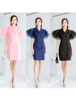 kudapy เดรสสั้นสีชมพู/สีกรม/สีดำ คอปกพับแขนชั้นชีฟอง ใสสวยน่ารัก