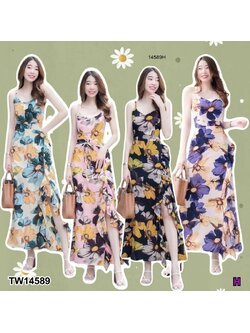 kudapy เดรสยาวสีครีม ชมพู ดำ ม่วง สายเดี่ยวไขว้สายด้านหลัง แต่งผ้าระบายและผ่าด้านข้าง มีซิปซ่อนด้านข้าง มีโบว์เส้นเล็กผูกเอวปรับระดับได้ งานผ้าไหมอิตาลี