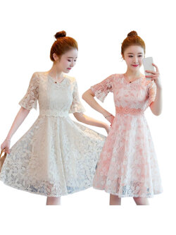 kudapy เดรสสั้นคอกลมลูกไม้สีครีม/สีชมพูพาสเทล แต่งลูกไม้คาดเอว ทรงทิ้งตัว ลายลูกไม้สวยมากค่ะ เนื้อนิ่มใส่สบาย