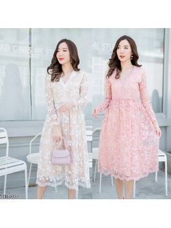 kudapy เดรสสั้นสีขาว/สีชมพู แขนยาวคอวีลึกลูกไม้ซีทรูมีซับใส่สบาย สวยดูดี