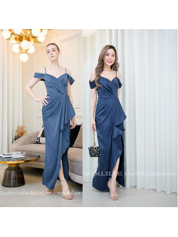 kudapy เดรสยาวสีกรม/สีเทาอมกรม ปิดไหล่ ทรงจับจีบผ่าข้างระบาย