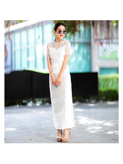 kudapy Set 2 ชิ้น เสื้อลูกไม้+กระโปรง เซตผ้าไทยสีขาว มีซับใน ซิบหลัง ผ้าไหมอิตาลี S