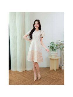 kudapy เดรสผ้าพิมพ์ลายคอกลมแต่งโบว์ไหล่